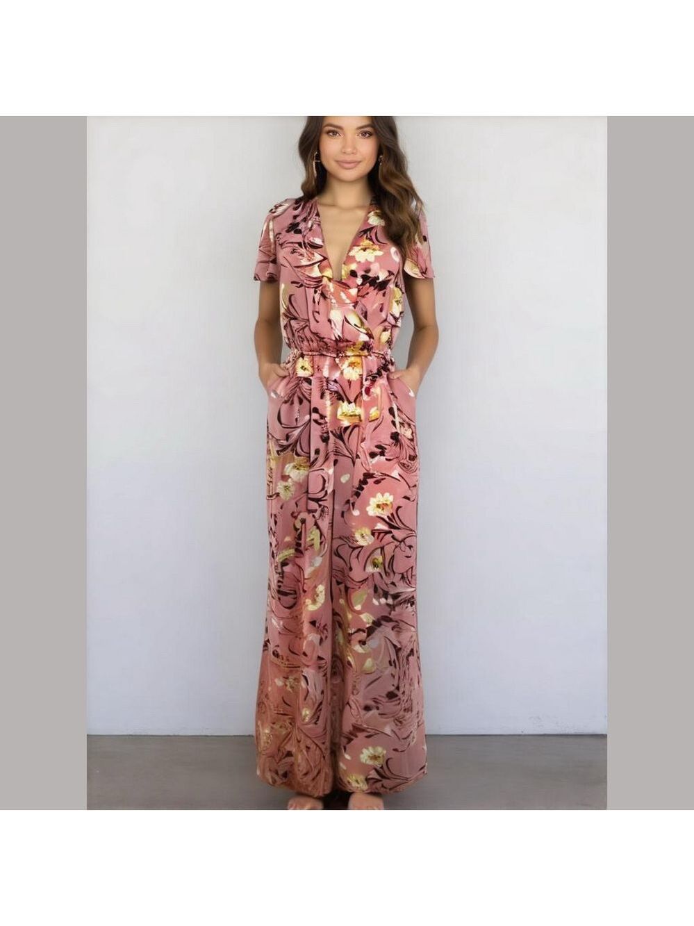 Y2K COTTAGECORE FLORAL PINK V-NECK W BUTTERFLY SLEEVES JUMPSUIT MAXI BOGS EUC M